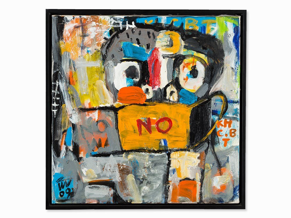 Nguyen Cong Cu (born 1969), Oil on canvas, ‘NO’, 2009: Oil on canvas Vietnam, 2009 Nguyen Cong Cu (born 1969) – Vietnamese artist Signed and dated lower left ‘CU 09’ Simple wood frame, lacquered black Dimensions: 49.7 x 49.7 cm Very good condition P