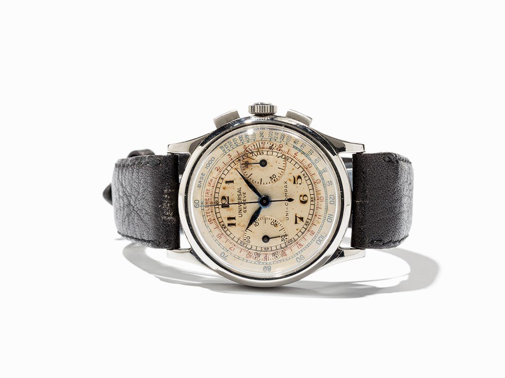 Universal Uni-Compax Chronograph, Switzerland, Around: Universal Uni-Compax chronograph Switzerland, around 1940 Manual wind movement, hour, minute, second, chronograph Silver dial, blued hands Watch case of stainless steel Black leather strap with pin bu