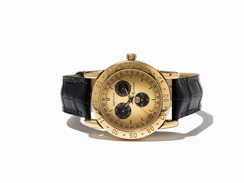 Zenith Epervier Full Calendar Ref 27.0130.393: Zenith Epervier full calendar, ref. 27.0130.393 Switzerland, around 1995 Quartz movement, Zenith calibre, hour, minute, second, full calendar, moon phase Gold dial, gold hands Watch case of 18K gold,