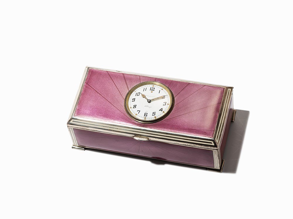 Tiffany & Co. Case with Integrated Watch, Around 1920: Tiffany & Co. case with integrated watch Switzerland/USA, around 1920 8-days manual wind movement, hour, minute White enamel dial, blued spade hands Watch case of sterling silver with guilloche enamel
