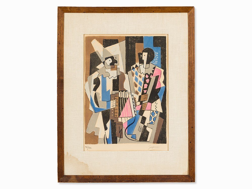 Gino Severini, Lithograph in Colors, ‘Les Arlequins‘,: Lithograph in colors on wove paper Switzerland, 1954 Gino Severini (1883-1966) – Italian painter of futurism Signed lower right in pencil ‘GinoSeverini‘ Numbered lower left in pencil ‘180/220�