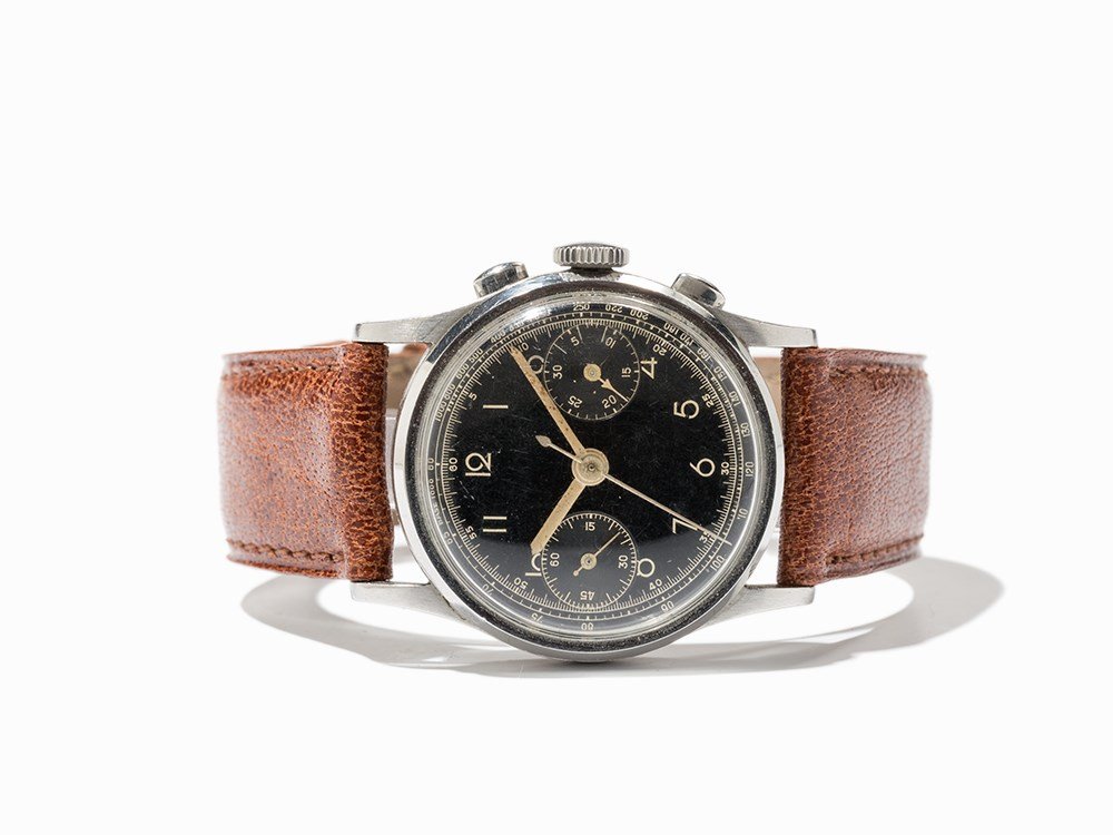 Vintage Chronograph, Switzerland, Around 1950: Vintage chronograph Switzerland, around 1950 Manual wind movement, hour, minute, second, chronograph Black dial, silver hands Watch case of stainless steel Brown leather strap with pin buckle Watch ca