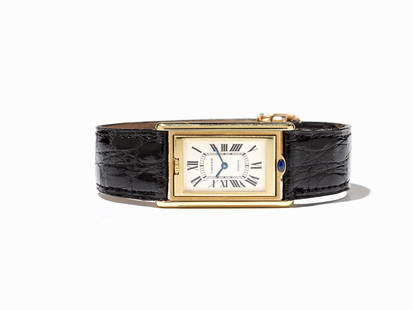 Cartier Tank Basculante Wristwatch, Switzerland, Around: Cartier Tank Basculante wristwatch Switzerland, around 1991 Manual wind movement, calibre 6’’’; 19 jewels, hour, minute Silver dial, blued hands Watch case of 18K gold and original folding