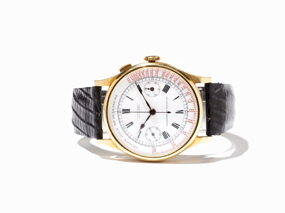 Ulysse Nardin Medical Chronograph, Switzerland, Around: Ulysse Nardin medical chronograph Switzerland, around 1940 Manual wind movement, hour, minute, second, chronograph White enamel dial, blued hands Watch case of 18K gold Black leather strap with gold p