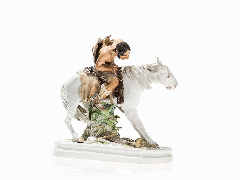 Meissen, Riding Hun, Erich Hösel, Germany, circa 1900: Porcelain with white glaze and polychrome paint Germany, circa 1900 Design by Oskar Erich Hösel (1869-1953) from 1895 Underglaze blue crossed swords mark (pommel period, 1860-1918), incised model num