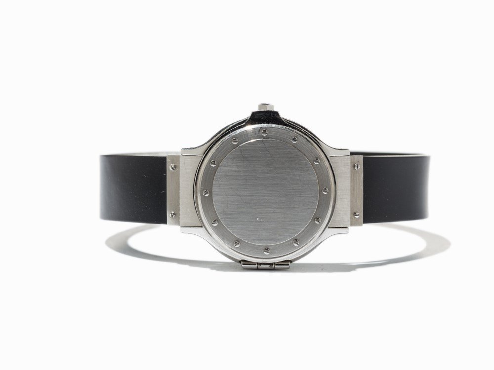 Hublot MDM Top Cover Wristwatch, Switzerland, Around: Hublot MDM Top Cover wristwatch Switzerland, around 2000 Quartz movement, hour, minute, second, date Black dial, silver hands Watch case and original butterfly clasp of stainless steel Original, black