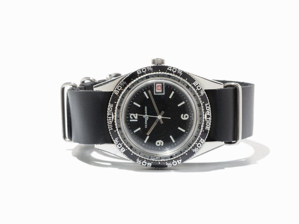 Rare, Early Ulysse Nardin Diver’s Watch, Around 1967: Rare, early Ulysse Nardin diver’s watch Switzerland, around 1967 Manual wind movement, calibre AS/ST 1803; 17 jewels, hour, minute, second, red date Black dial, silver and one white hand Watch case