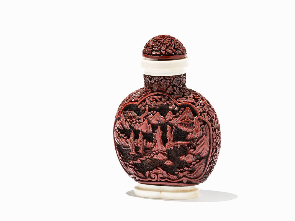 Cinnabar Lacquer Snuff Bottle with Scholar’s Scene,: Lacquer work, cinnabar red, ivory China, 19th/early 20th century Circular shape Very well and wide hollowed body Narrow ivory mouth and straight lip Oval base Both sides with a finely carved scene wit