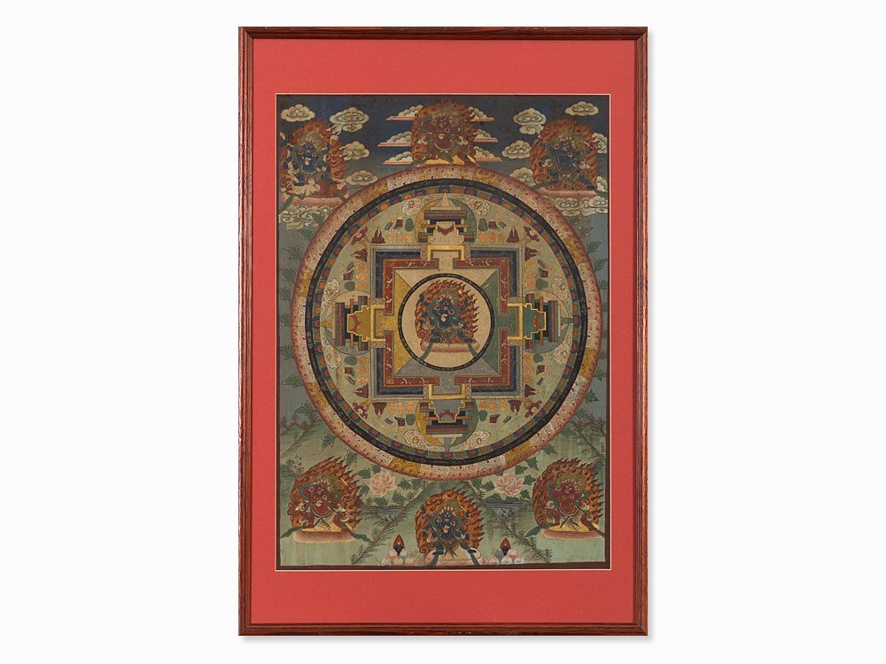 Thangka, Mandala with Dharmaraja Yama, Colors on Linen,: Polychrome painting on linen, highlighted with gold Tibet/Nepal, around 1900 Depiction of Dharmaraja Yama in the center of a large mandala With Buddhist symbols and lamas within the mandala Surrounded