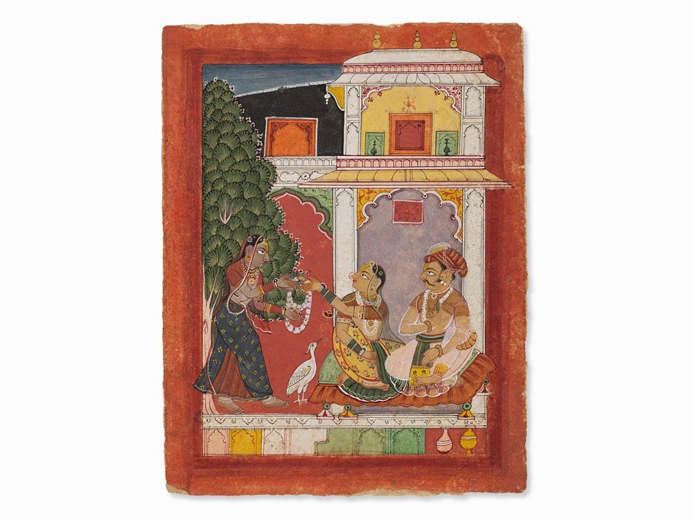 Sirohi Miniature, Folio from a Ragamala Series,: Opaque waterbased pigments with gold and oxidized tin on wasli (handmade layered paper) Sirohi School, Rajasthan, 17th/18th cent. Richly colored ragamala painting – a pictorial and poetic interpreta