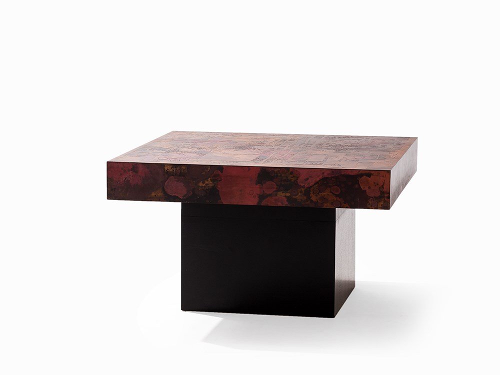 Bernhard Rohne, Coffee Table, Brutalism, Germany, 1966: Wood, copper, etched and fire-oxidated Germany, 1966 Bernhard Rohne (born 1944) – German artist With etched signature Dimensions: 45.5 x 79.5 x 79.5 cm Very good condition Brutalism in its original