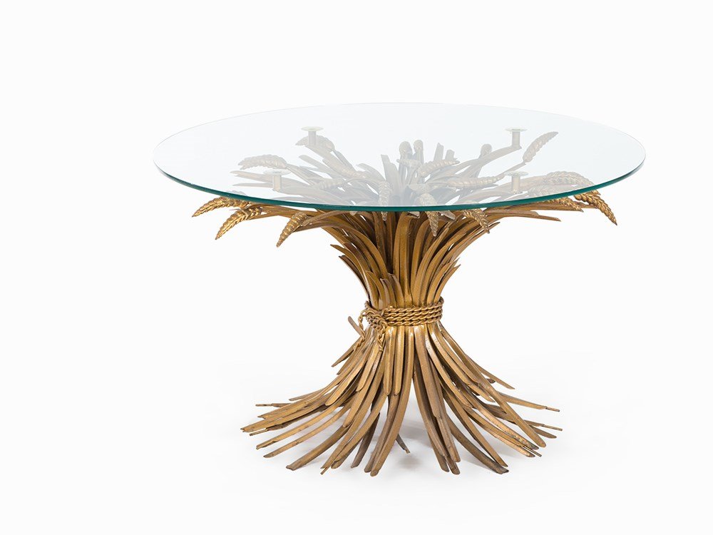 Coco Chanel Wheat Sheaf Coffee Table, Italy, c. 1950: Iron, gold bronze, glass Italy, c. 1950 Height: 49 cm, Diameter: 80 cm Good condition Extraordinary coffee table, which became famous through in Coco Chanel's much photographed Paris apartment at 31 R