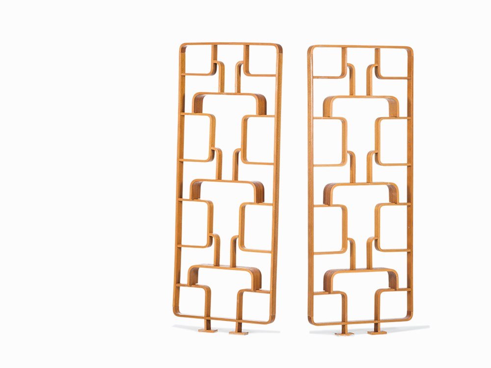 Drevopodnik Holesav, Pair of Room Dividers, 1950s: Plywood Czechoslovakia, 1950s Manufacturer: Drevopodnik Holesav - Czech manufacturer of furniture Dimensions: 225 cm, 90 x 16 cm Good condition Decorative room dividers in high rectangular frame with
