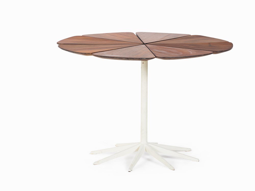 Richard Schultz, Petal Dining Table, Knoll, USA, 1960: Teak, iron, white lacquered USA, 1960 Design: Richard Schultz (born 1926) – American designer Manufacturer: 1960s, Knoll International Radial frame with petal-shaped table top pieces Height: 70 cm,
