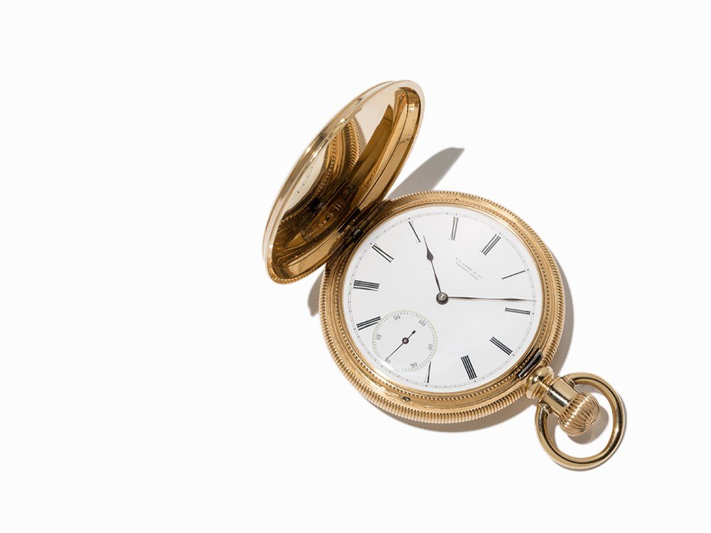 Cook & Co., Patek Philippe Savonette, Around 1885: Patek Philippe movement in American watch case USA/Switzerland, around 1885 Crown wound, calibre 20’’’; hour, minute, subsidiary second White enamel dial, blued Spade hands Watch case: H. T. Coo