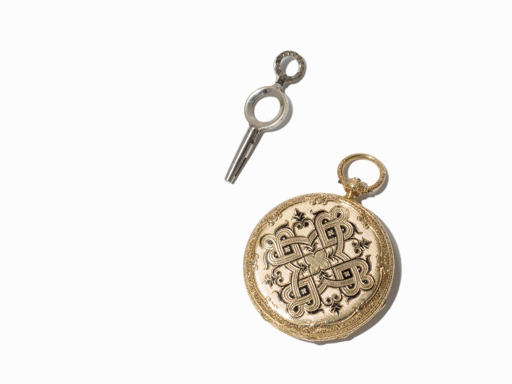 Patek Philippe Gold Pocket Watch, Switzerland, Around: Patek Philippe Gold Pocket Watch Switzerland, around 1860 Key wind-up, hour, minute White enamel dial, blued hands Finely decorated watch case of 18K gold Watch case signed Patek Philippe Watch case n