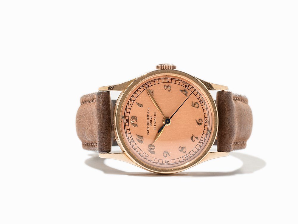 Early Patek Philippe, Tiffany & Co., Ref. 96, Around: Early Patek Philippe, Tiffany & Co. wristwatch, ref. 96 Switzerland, around 1952 Manual wind movement, calibre 12 ‘’’-120; 18 jewels, hour, minute, second Copper-colored dial, gold and one blued