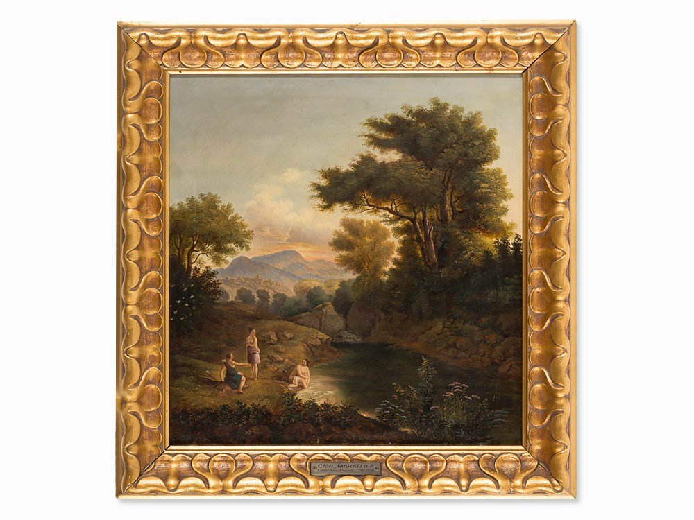 Károly Markó (1793-1860) Attr., Bathing Diana, Oil,: Oil on canvas Hungary, circa 1830 Attributed to Károly Markó the Elder (1793-1860) - Hungarian landscape painter Stamp ‘W. Coller & C. (formerly J. Hall)’ and date stamps ‘M 1834’ and ‘M 1