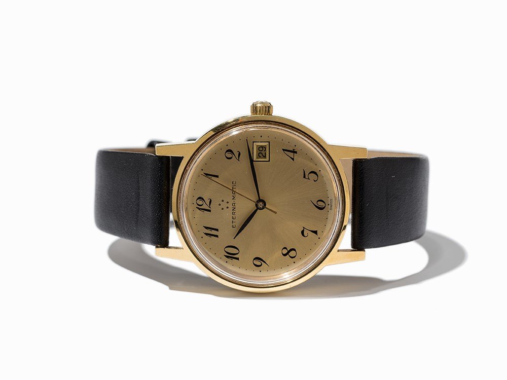 Eterna-Matic Wristwatch, Switzerland, Around 1975: Eterna-Matic wristwatch Switzerland, around 1975 Automatic movement, calibre 2824; 25 jewels, hour, minute, second, date Gold dial, black hands Watch case and original pin buckle of partially gold pla