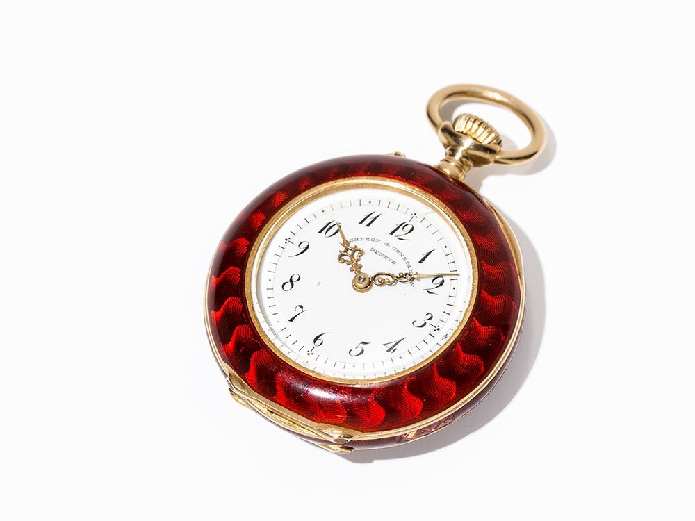 Vacheron Constantin Women’s Pocket Watch, Around 1890: Vacheron Constantin women’s pocket watch Switzerland, around 1890 Crown wound movement, hour, minute White enamel dial, gold Louis XV hands Watch case of 18K gold and red enameling Diamond on watch 