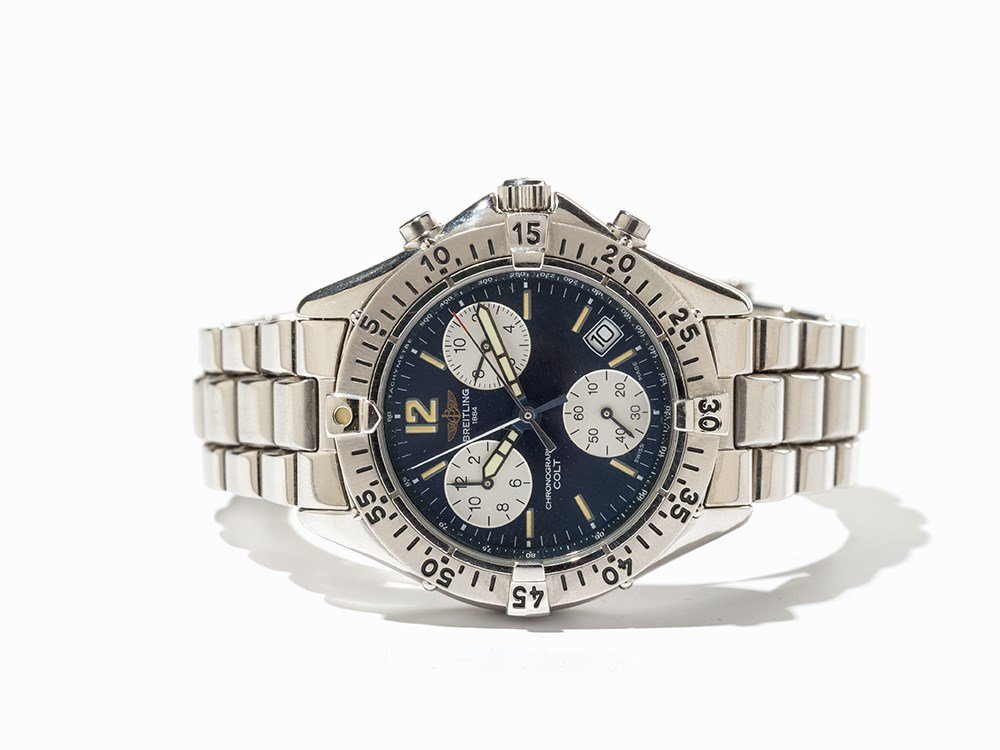 Breitling Colt Chronograph, Ref. A53035, Around 2000: Breitling Colt Aeromarine chronograph, ref. A53035 Switzerland, around 2000 Quartz movement, hour, minute, second, date, chronograph Blue dial, silver hands Watch case, original strap and folding clas