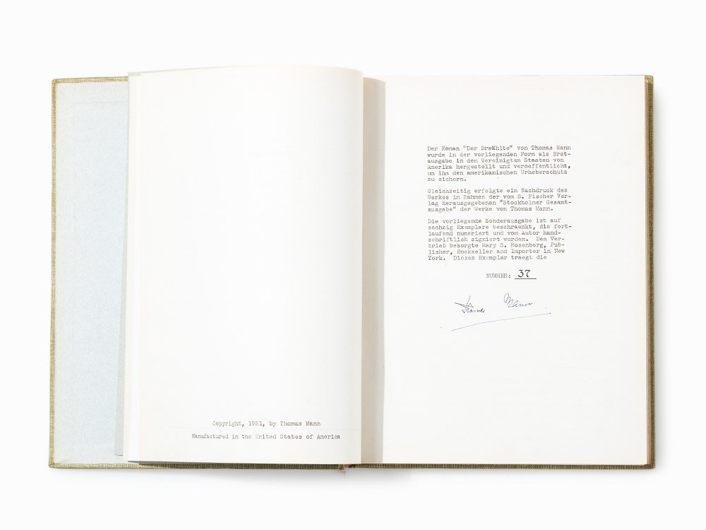 Thomas Mann, 'Der Erwählte', Signed, Frankfurt/New: Auction announcements 23rd Mar 2015Lot 112: Object is regular taxed. 7 % VAT is added to the purchase price for deliveries within the EU instead of 19%. Thomas Mann (1875-1955) – German author 'Der