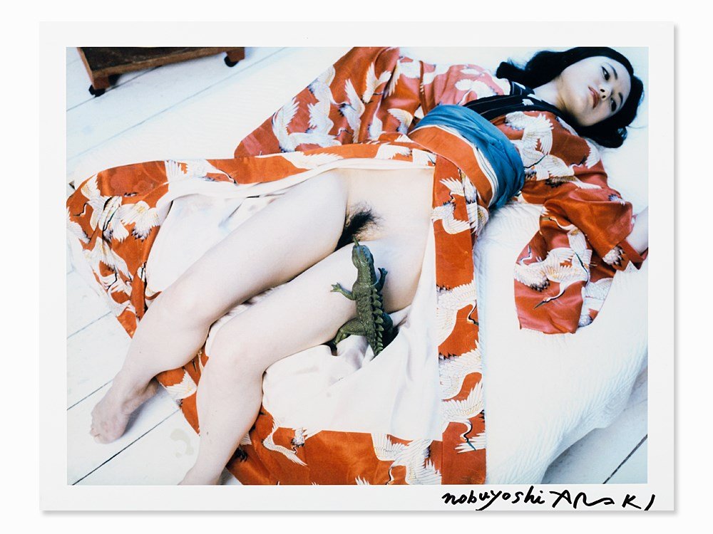Nobuyoshi Araki (b. 1940), Kaori With Kimono, c. 1997: Digital print Japan, c. 1997; printed later Nobuyoshi Araki (b. 1940) – Japanese photographer and artist Signed in black felt tip pen ‘Nobuyoshi Araki’ Image dimensions: 27 x 36 cm; sheet dimens