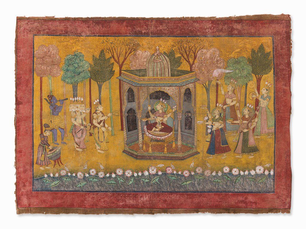 Basohli Style Painting, Worship of the Goddess Devi,: Waterbased pigments on linen India, 20th century Depiction of deities offering praise to the great Goddess Devi enthroned in a small pavilion Based upon an illustration to the Devi Mhatmya Rich in det