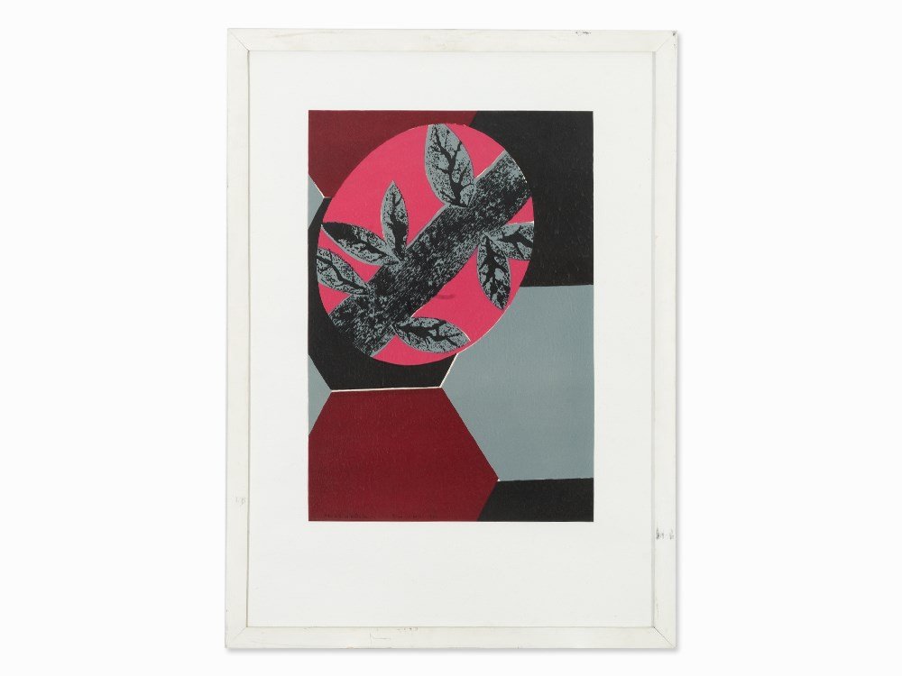 Rino Crivelli, Serigraph in Colors Twig with Leaves,: Serigraph in colors on cardboard Italy, 1970 Rino Crivelli (born 1924) – Italian painter Inscribed, signed and dated lower left on the depiction ‘prova d’artista / Rino Crivelli 72’ Total dime