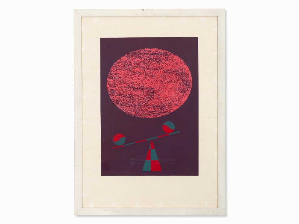 Rino Crivelli, Serigraph in Colors, Rocker, Italy, 1972: Serigraph in four colors on cardboard Italy, 1972 Rino Crivelli (born 1924) – Italian painter Signed and dated lower center on the depiction ‘Rino Crivelli 72’ Total dimensions, framed: 74 x 54
