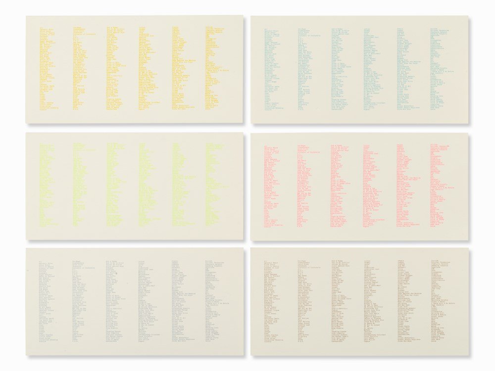 Olivier Mosset, Six Serigraphs, Typographic: Set of six serigraphs on wove paper Switzerland, probably 1990s Olivier Mosset (b. 1944) – Swiss visual artist On the reverse lower right of one sheet signed ‘O. Mosset’ and illegibly titled (pr