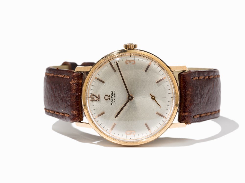 Omega Century Wristwatch, Switzerland, Around 1960: Omega Century wristwatch, ref. 121.014 Switzerland, around 1960 Gold plated manual wind movement, calibre 269; 17 jewels, hour, minute, subsidiary second Silver dial, gold hands Watch case of 18K rose
