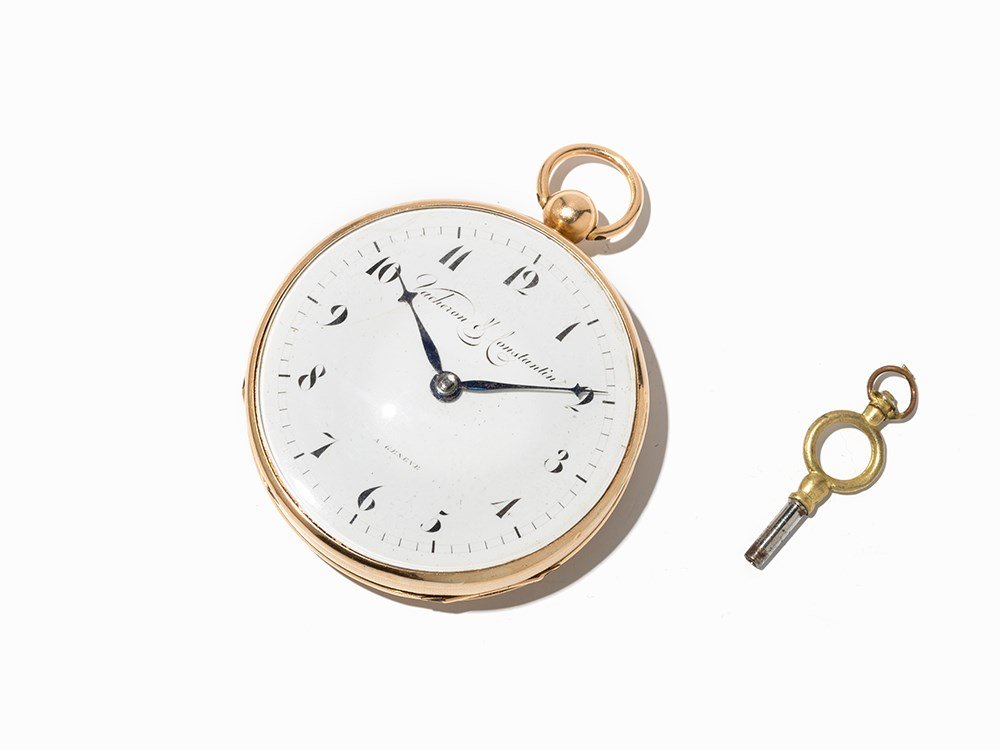Vacheron Constantin Gold Open Face, Around 1840: Vacheron Constantin gold open face pocket watch Switzerland, around 1840 Key wind-up, hour, minute White enamel dial, blued hands Watch case of 18K gold Watch case no. 14366; movement no. 14366 Watch 