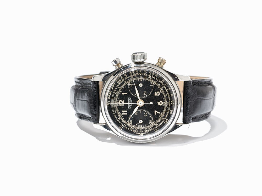 Early Heuer Chronograph, Switzerland, Around 1940: Early Heuer chronograph Switzerland, around 1940 Manual wind movement, hour, minute, second, chronograph Black dial, white hands Watch case of stainless steel Black alligator leather strap with pin bu