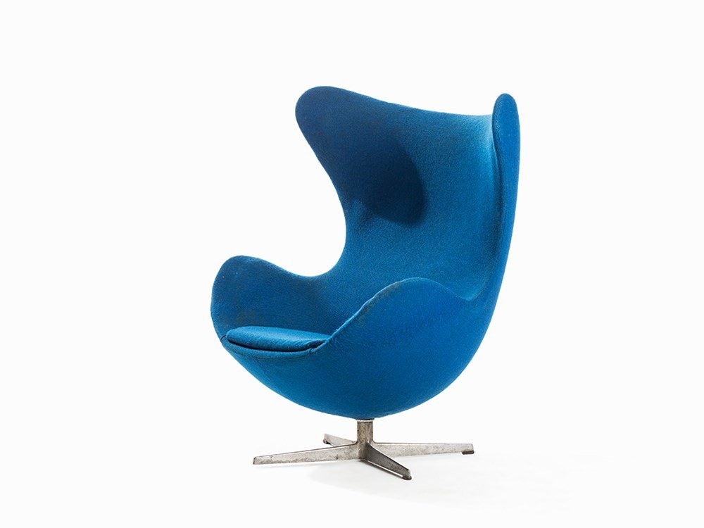 Arne Jacobsen, Egg Chair, Fritz Hansen, Denmark, 1958: Aluminum, plastic reinforced with fiberglass, plastic foam upholstery, blue textile cover Denmark, 1958 Design: Arne Jacobsen (1902-1971) – Danish architect and designer Manufacturer: Fritz Hansen,