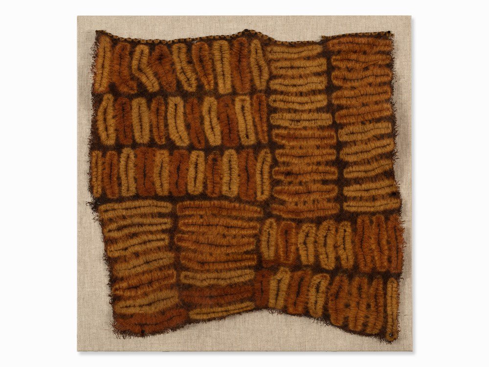Dida, Cloth, Ivory Coast: Raffia weaving Dida peoples, Ivory Coast Of slightly asymmetrical square form Decorated with rows of oval ornaments in yellow, orange and red Stretched on a canvas with small nails Dimensions: approx.
