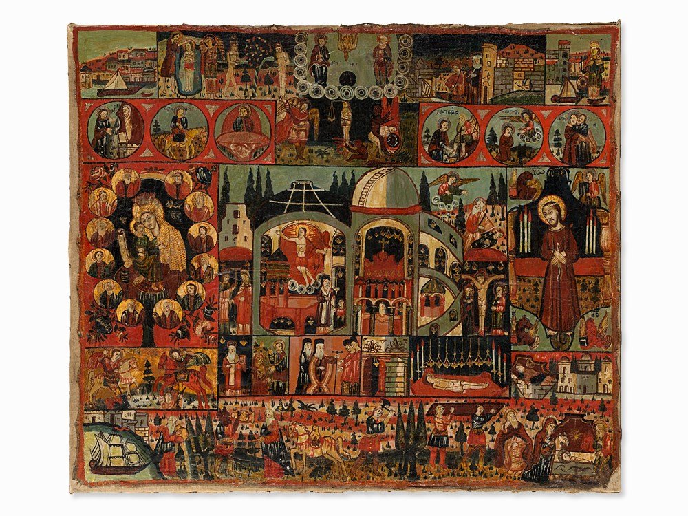 Proskynetarion, ‘Topography of Palestine’, Palestine,: Tempera on canvas, relined Palestine, Jerusalem, 18th Century Dimensions: 93 x 111 cm Framed: 100.5 x 117 cm Good Condition This monumental icon, also called ‘The topography of Palestine’, was use