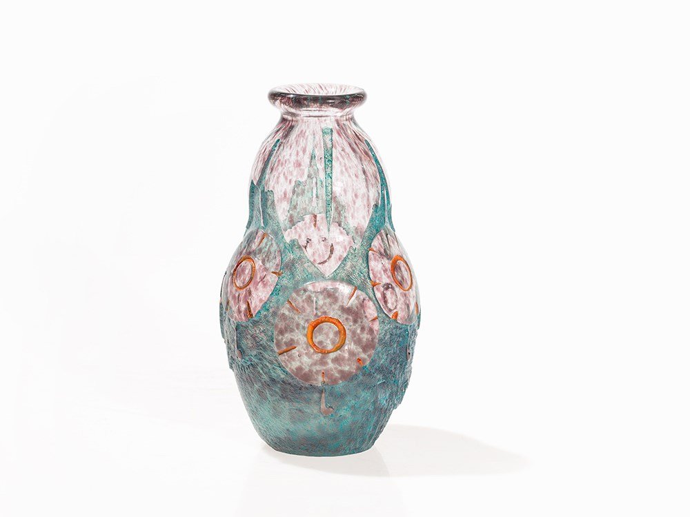 Verrerie d'Art Degué, Art Déco Glass Vase, Paris,: Clear glass with melting in violet, glazed in turquoise and orange France, Paris, 1926-1939 Verrerie d'Art Degué, Cristalleries de Compiègne (1926-1939) – Glass manufactory in Paris Signed in the 