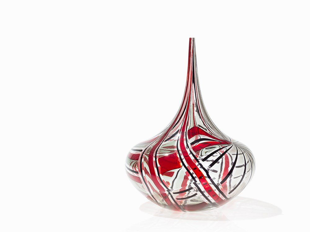 Afro Celotto, Glass Vase, Murano, c. 2000: Blown clear glass with black and red cane work Murano, Italy, circa 2000 Afro Celotto (b. 1963) – Italian glass artist The base signed ‘Afro Celotto murano’ Of pear-shape with a flattened bulbou