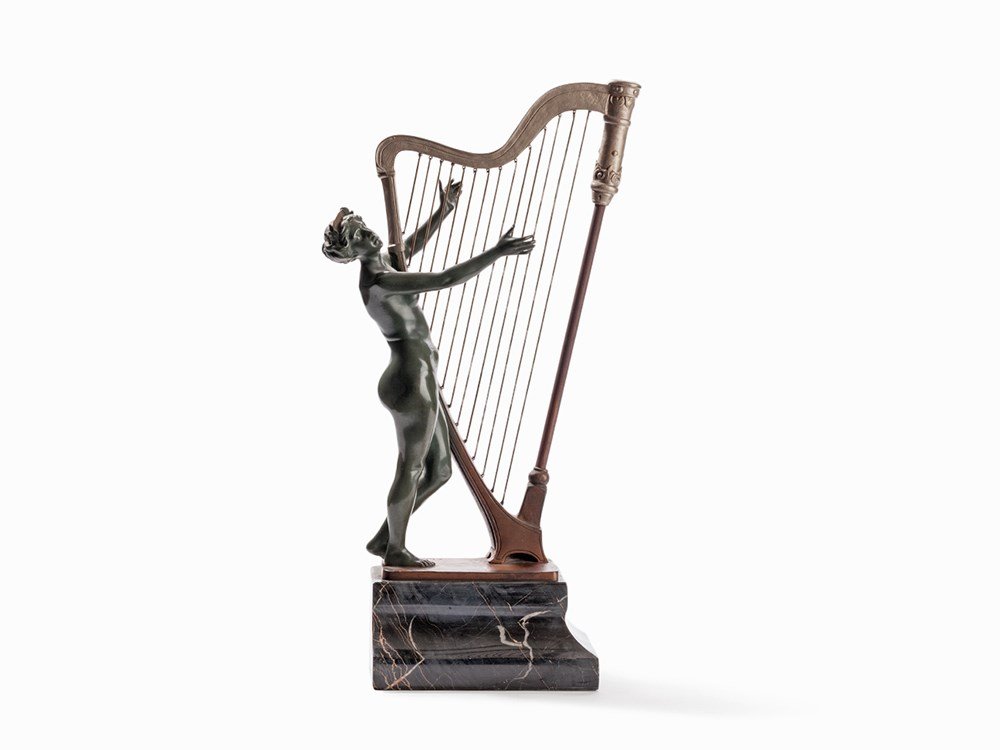 Ferdinand Lügerth, Nude with Harp, Bronze, Austria,: Patinated bronze, marble Austria, 1907 Ferdinand Lügerth (1885-1915) – Viennese sculptor Signed and dated in the cast on the plinth ‘F. LUGERTH. fec. 1907.’ Total height with socket: 52 cm Very
