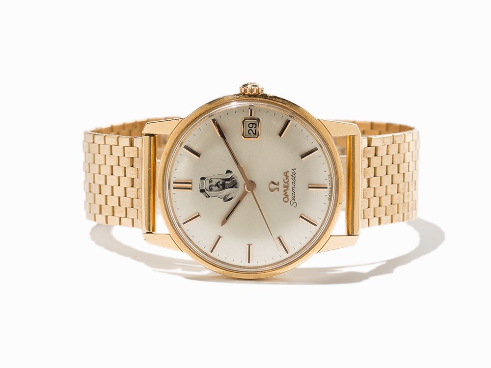 Omega Seamaster, Ref. 166.001, Switzerland, Around 1966: Omega Seamaster with portrait of an Arabic sovereign, ref. 166.001 Switzerland, around 1966 Gold plated automatic movement, calibre 562; 24 jewels, hour, minute, second, date Silver dial, gold hands W