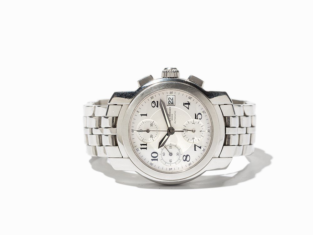 Baume & Mercier Automatic Chronograph, Around 2000: Baume & Mercier automatic chronograph Switzerland, around 2000 Automatic movement, BM calibre; hour, minute, second, date, chronograph Silver dial, silver hands Watch case, strap and folding clasp of