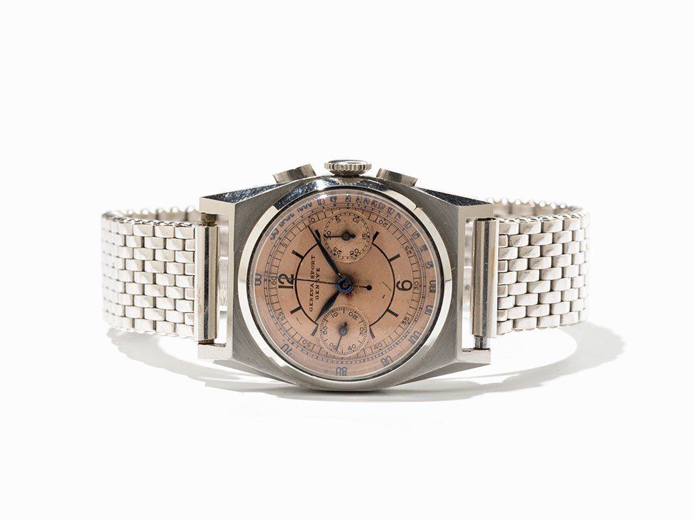 Geneva Sport Chronograph, Switzerland/USA, Around 1950: Geneva sport chronograph Switzerland/USA, around 1950 Manual wind movement; 17 jewels, hour, minute, second, chronograph Copper-coloured dial, blued hands Watch case, strap and folding clasp of stainl