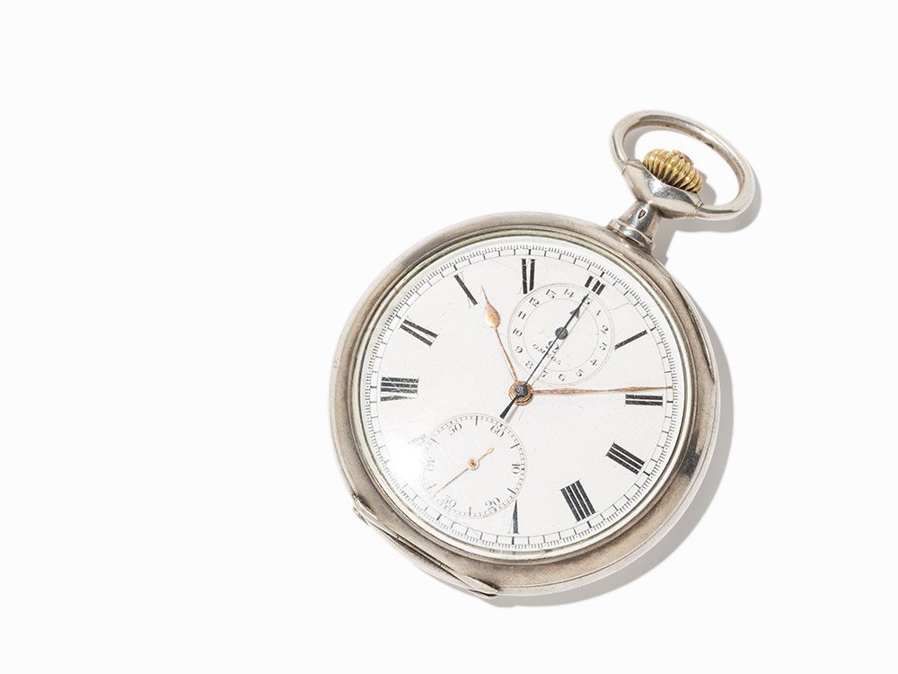 Omega Grand Prix Pocket Watch With Chronograph, Around: Omega Grand Prix pocket watch with chronograph Switzerland, around 1920 Crown wound, hour, minute, subsidiary second, chronograph White dial, gold Spade hands Watch case of 900 silver Watch case no. 5