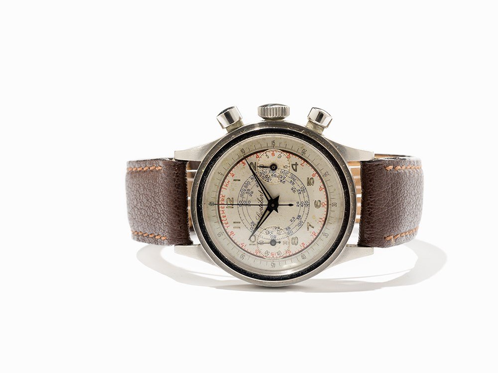 Cortebert Telemeter Chronograph, Switzerland, Around: Cortebert telemeter chronograph Switzerland, around 1955 Manual wind movement, calibre 429; hour, minute, second, chronograph Silver dial, blued hands Watch case of stainless steel Brown calfskin stra
