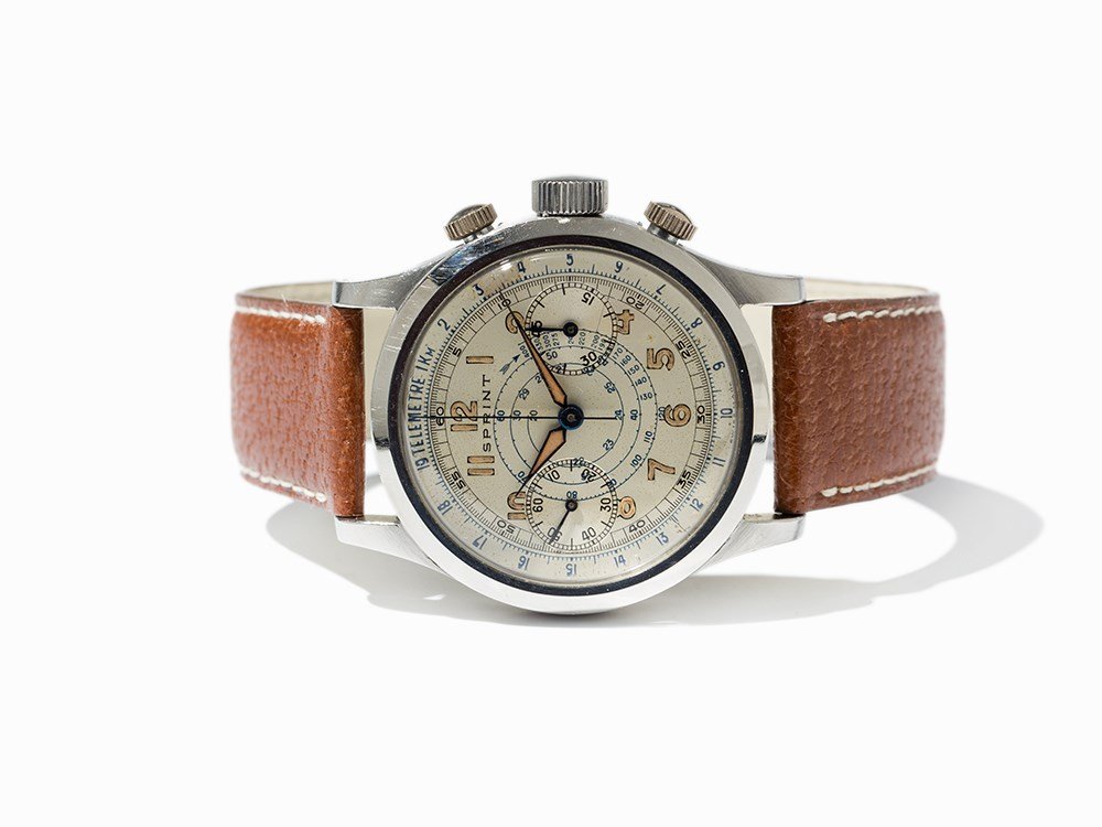 Sprint Telemeter Chronograph, Switzerland, Around 1955: Sprint telemeter chronograph Switzerland, around 1955 Manual wind movement, hour, minute, second, chronograph Silver dial, blued hands Watch case of stainless steel Brown leather strap with pin buckle
