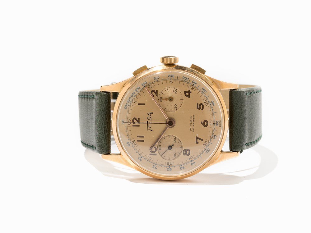 Telda Gold Chronograph, Switzerland, Around 1955: Telda gold chronograph Switzerland, around 1955 Manual wind movement; 17 jewels, hour, minute, second, chronograph Silver dial, gold hands Watch case of 18K rose gold; movement back of metal Green cal