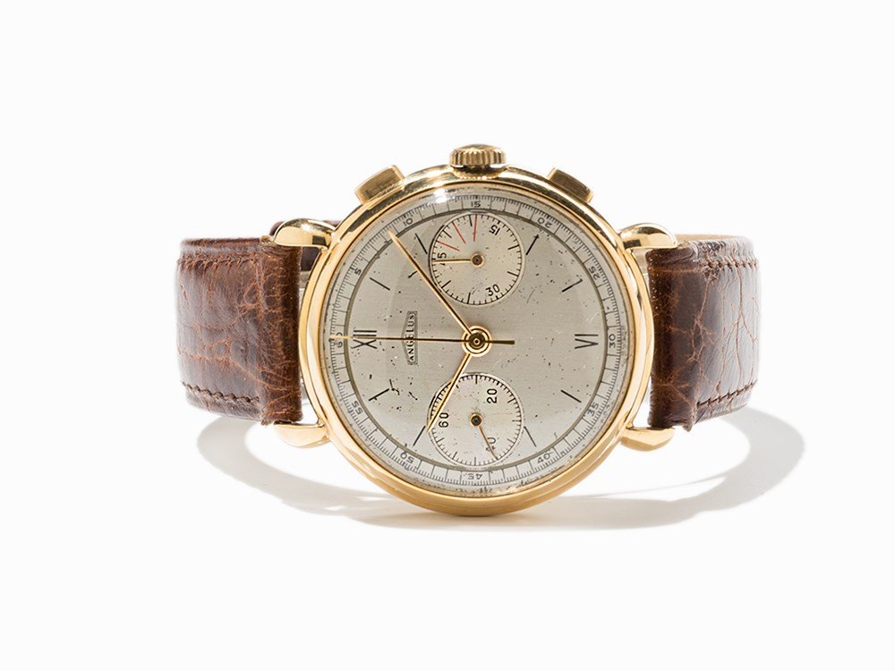 Angelus Gold Chronograph, Switzerland, Around 1945: Angelus gold chronograph Switzerland, around 1945 Manual wind movement, calibre 14 ¾‘’’; hour, minute, second, chronograph Silver dial, gold hands Watch case of 18K gold Brown alligator leather