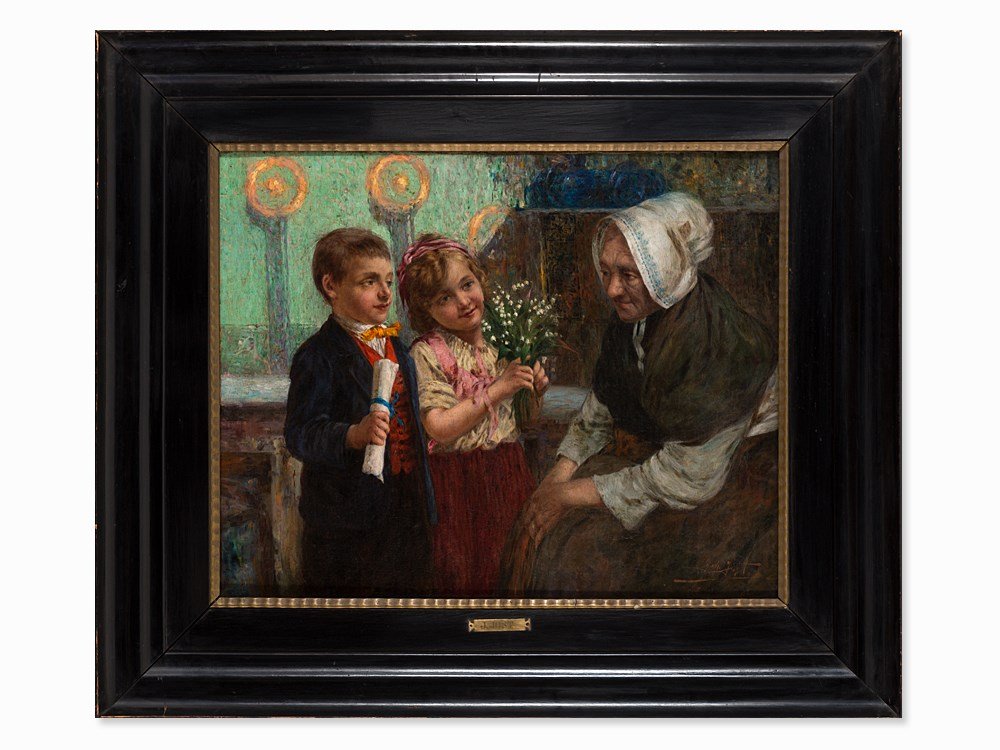 Joseph Jost, Painting, Grandmother’s Birthday,: Oil on canvas Austria, presumably 1910s Joseph Jost (1888-?) – Austrian portrait and still life painter Signed lower right ‘Joseph Jost’ In broad black profile frame with gold colored inner bar 
