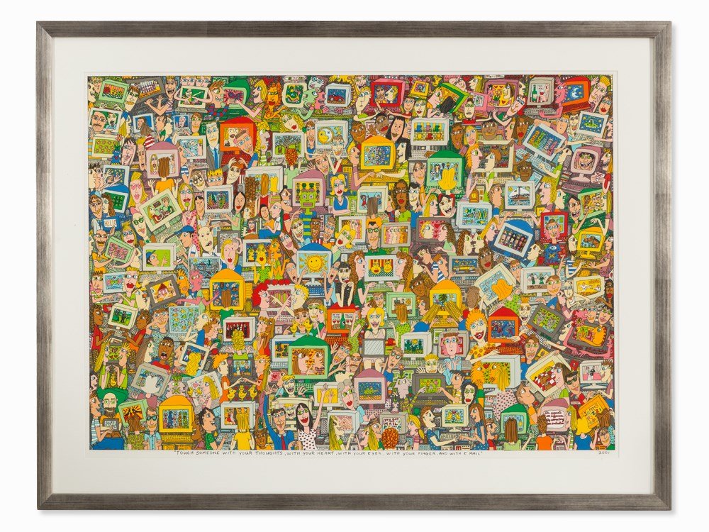 James Rizzi, ‘Touch Someone with your Thoughts’, 2001: Lithograph in colors on BFK Rives Velin (watermark) James Rizzi (1950-2011) – American Pop-art artist Titled lower center in the print ‘Touch someone with your thoughts, with your eyes, with your